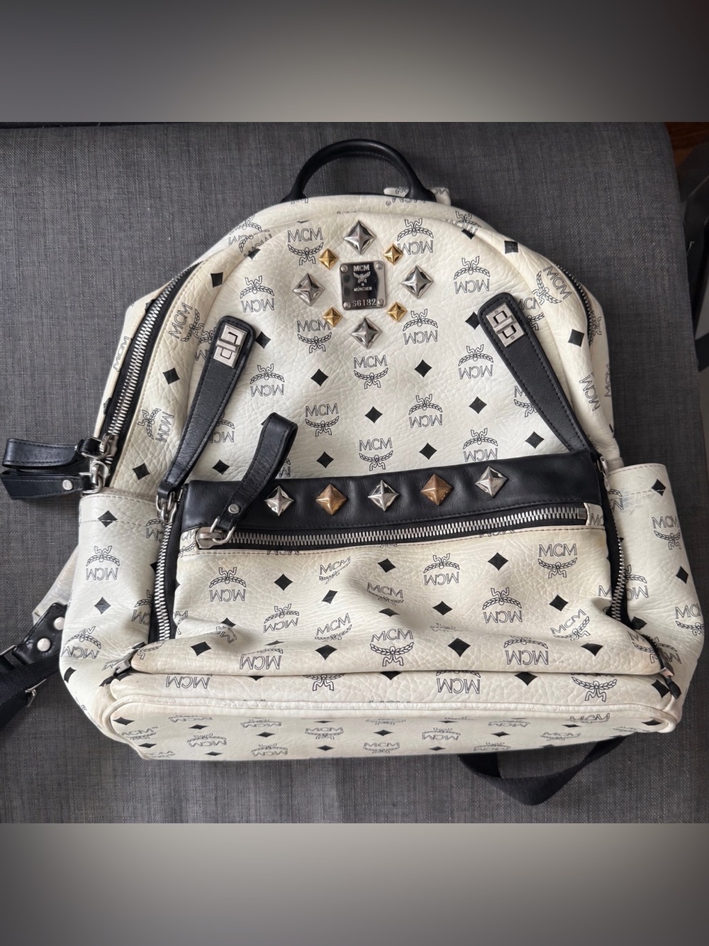 MCM Stark Studded Backpack Visetos Coated Canvas Medium White & Black